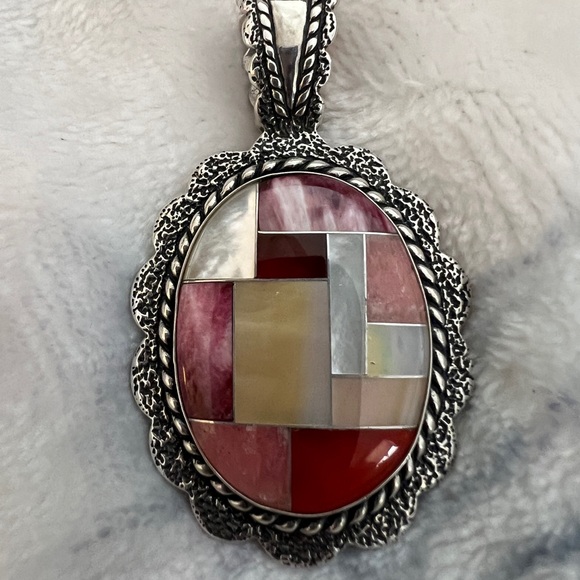 ❤️ Carolyn Pollock Large Signed Multi-Stone Inlaid Pendant 19.2gms Southwestern - Picture 5 of 12